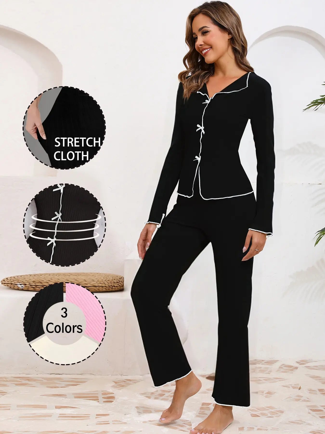 Women'S Bow Decor Long Sleeve Top & Pants Pajama Two-Piece Set, Casual Comfy Top & Trousers Set, Women'S Sleepwear & Loungewear for Spring & Fall